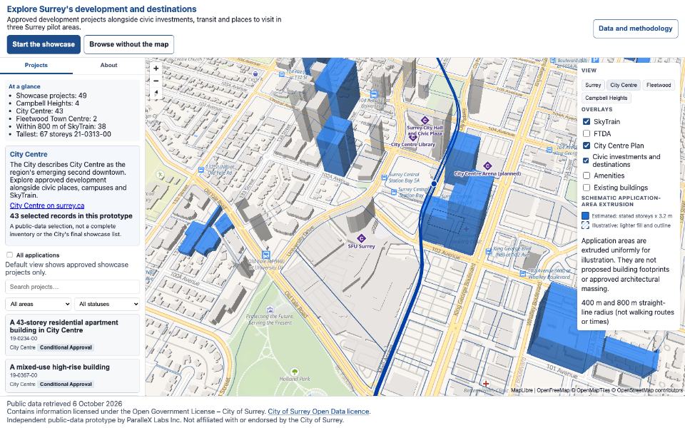 Screenshot of the Surrey prototype showing an interactive 3D map of Surrey